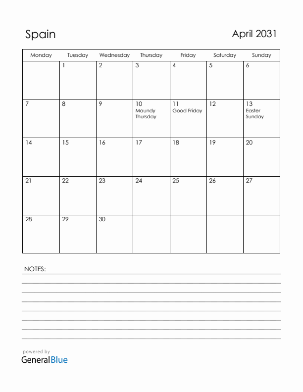 April 2031 Spain Calendar with Holidays (Monday Start)