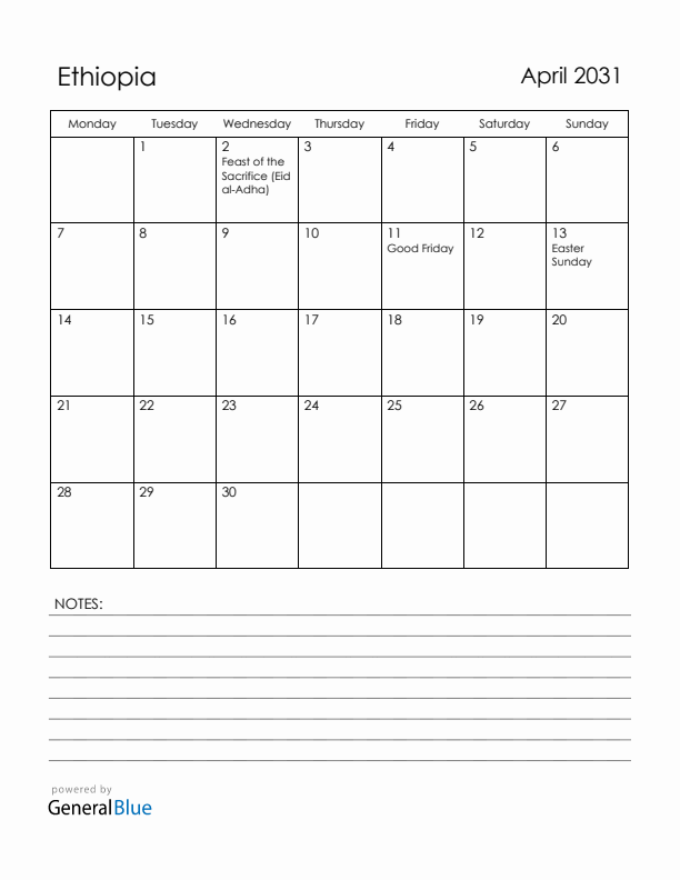April 2031 Ethiopia Calendar with Holidays (Monday Start)