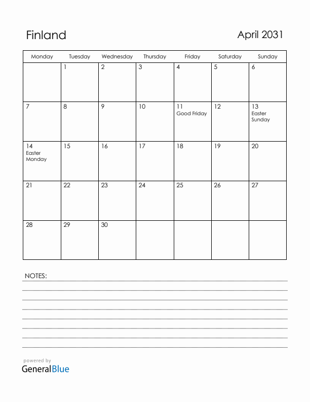 April 2031 Finland Calendar with Holidays (Monday Start)