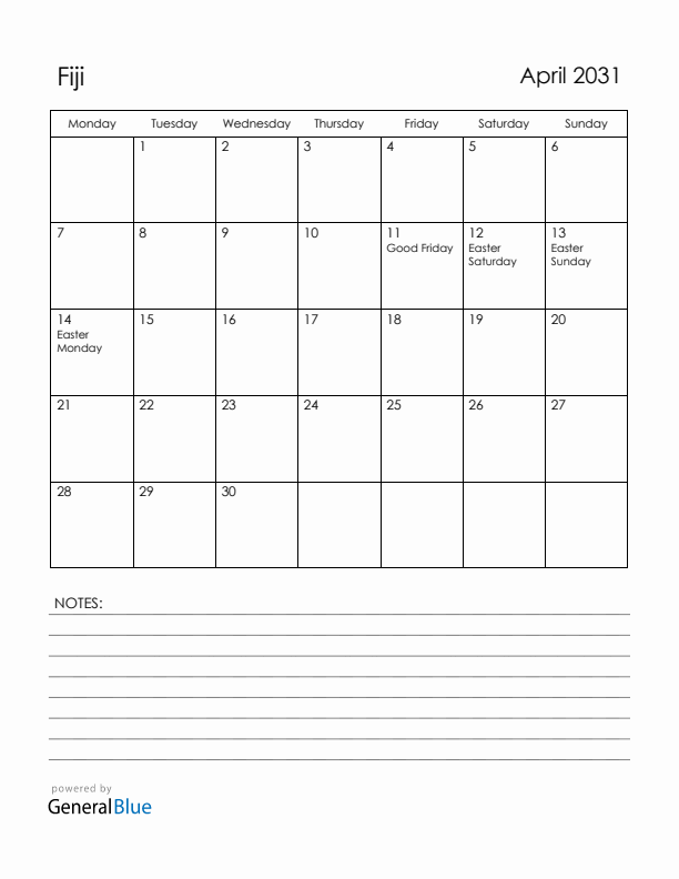 April 2031 Fiji Calendar with Holidays (Monday Start)