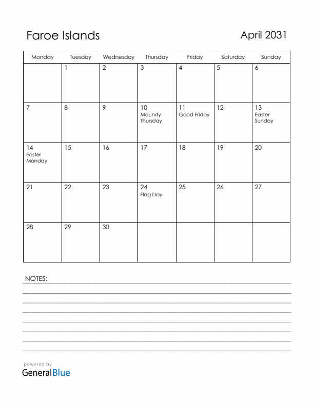 April 2031 Faroe Islands Calendar with Holidays (Monday Start)