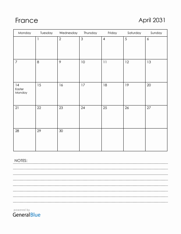 April 2031 France Calendar with Holidays (Monday Start)