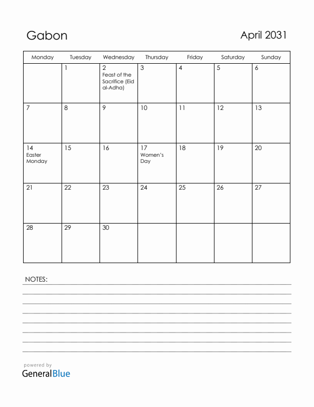 April 2031 Gabon Calendar with Holidays (Monday Start)