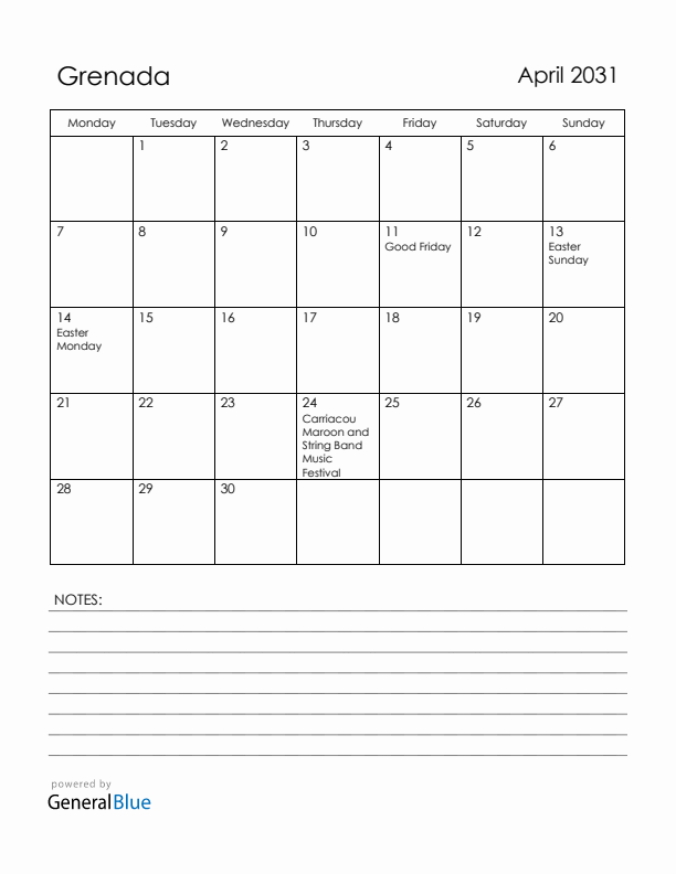 April 2031 Grenada Calendar with Holidays (Monday Start)