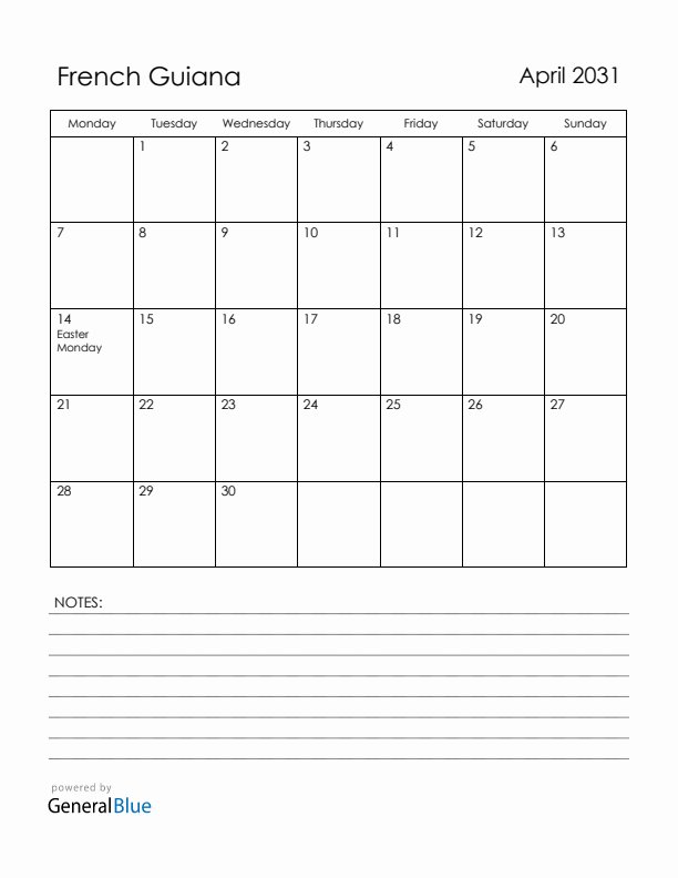 April 2031 French Guiana Calendar with Holidays (Monday Start)