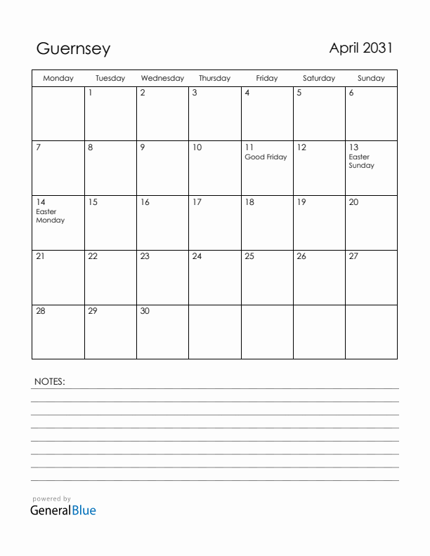 April 2031 Guernsey Calendar with Holidays (Monday Start)