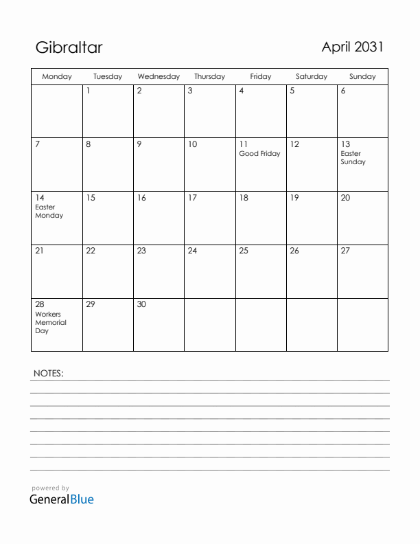 April 2031 Gibraltar Calendar with Holidays (Monday Start)