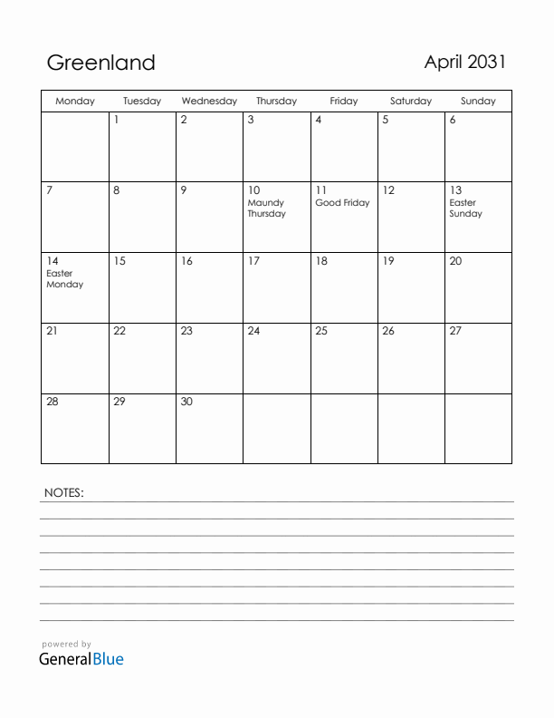 April 2031 Greenland Calendar with Holidays (Monday Start)