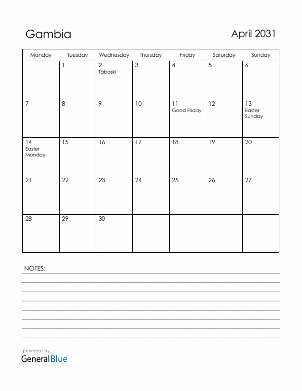 April 2031 Gambia Calendar with Holidays (Monday Start)