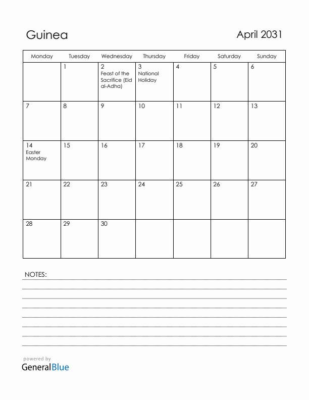 April 2031 Guinea Calendar with Holidays (Monday Start)