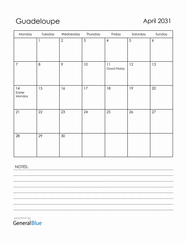April 2031 Guadeloupe Calendar with Holidays (Monday Start)