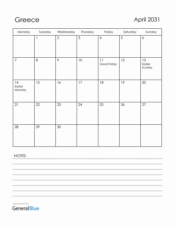 April 2031 Greece Calendar with Holidays (Monday Start)