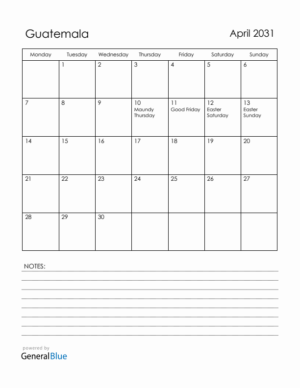 April 2031 Guatemala Calendar with Holidays (Monday Start)