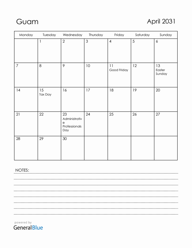 April 2031 Guam Calendar with Holidays (Monday Start)