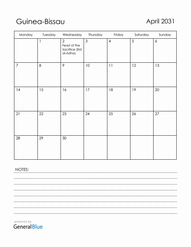 April 2031 Guinea-Bissau Calendar with Holidays (Monday Start)