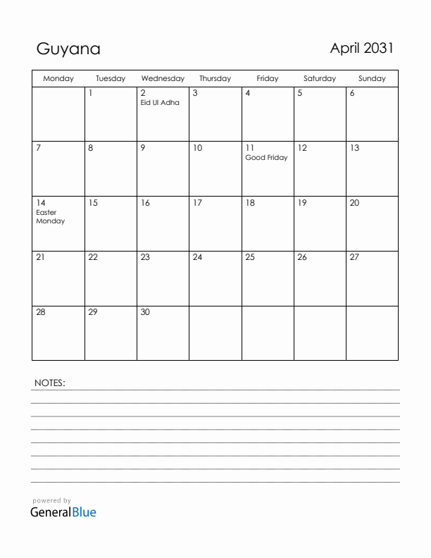 April 2031 Guyana Calendar with Holidays (Monday Start)