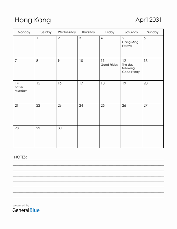 April 2031 Hong Kong Calendar with Holidays (Monday Start)