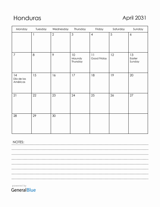 April 2031 Honduras Calendar with Holidays (Monday Start)