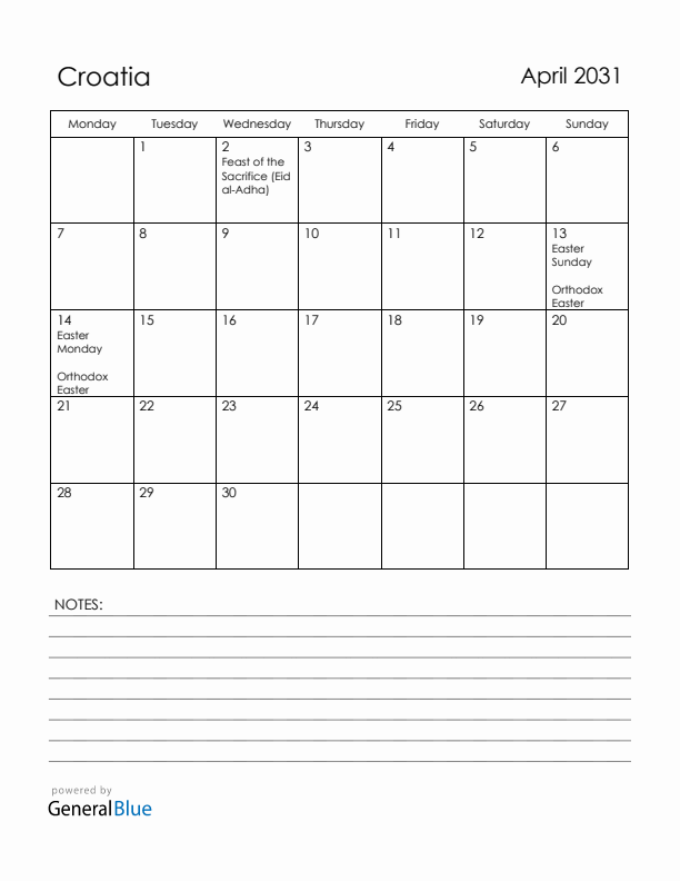 April 2031 Croatia Calendar with Holidays (Monday Start)