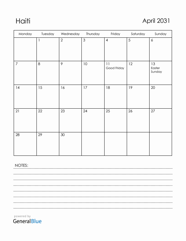 April 2031 Haiti Calendar with Holidays (Monday Start)