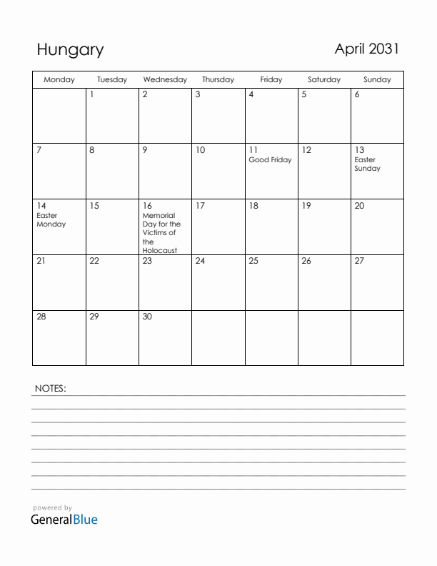 April 2031 Hungary Calendar with Holidays (Monday Start)