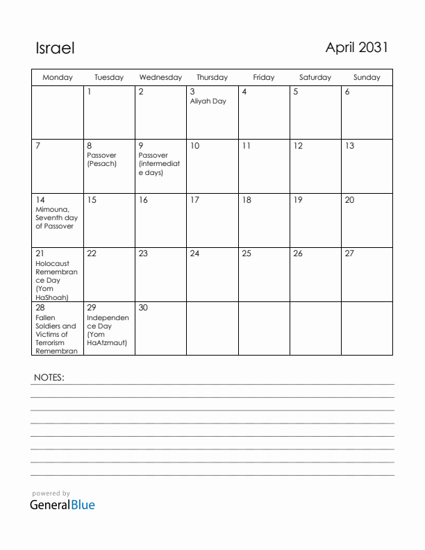 April 2031 Israel Calendar with Holidays (Monday Start)