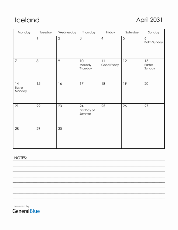 April 2031 Iceland Calendar with Holidays (Monday Start)