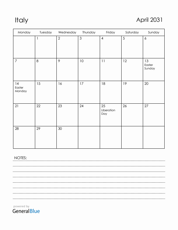 April 2031 Italy Calendar with Holidays (Monday Start)