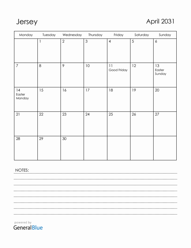 April 2031 Jersey Calendar with Holidays (Monday Start)