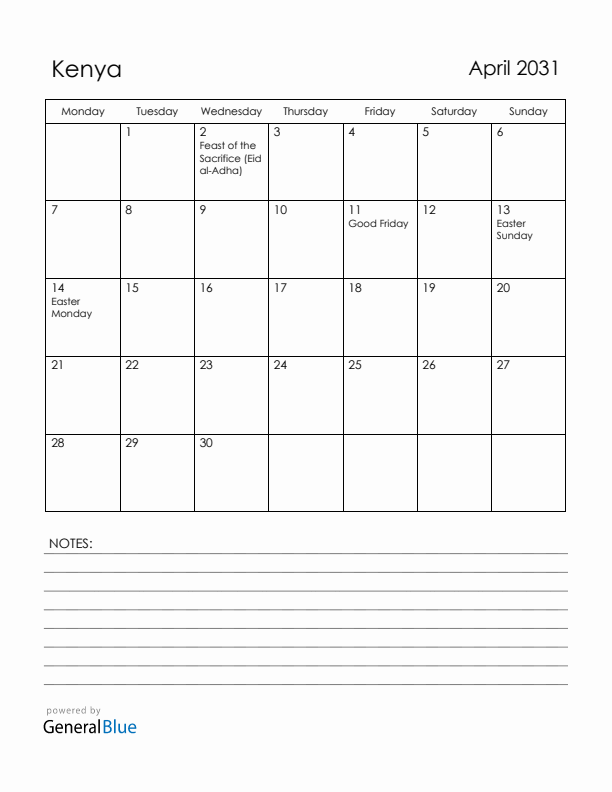 April 2031 Kenya Calendar with Holidays (Monday Start)
