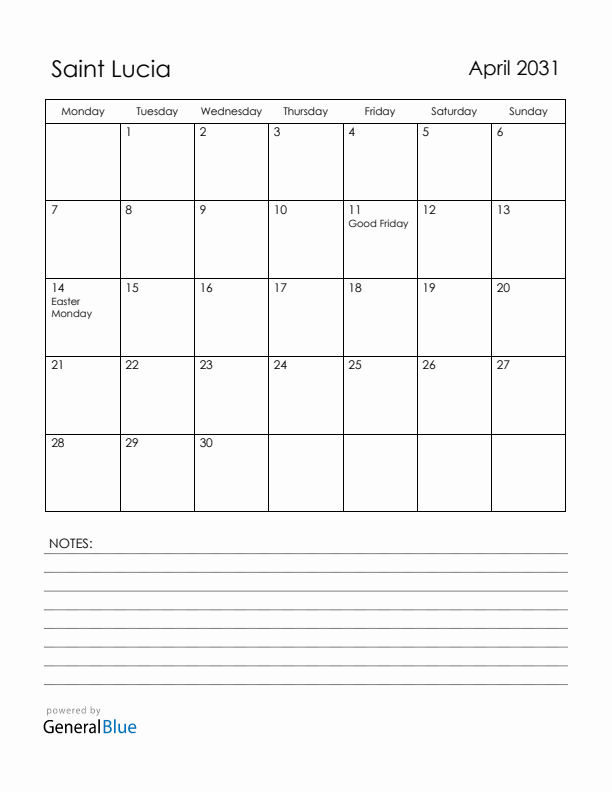 April 2031 Saint Lucia Calendar with Holidays (Monday Start)