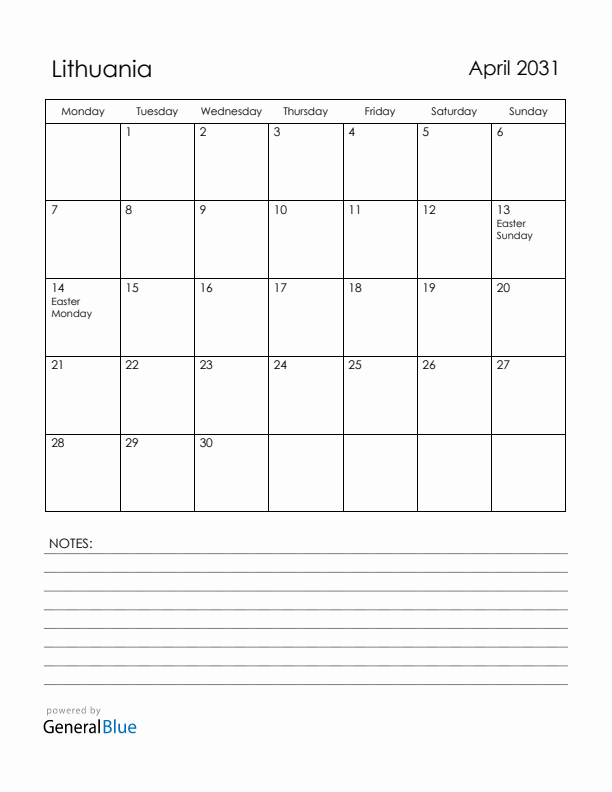 April 2031 Lithuania Calendar with Holidays (Monday Start)