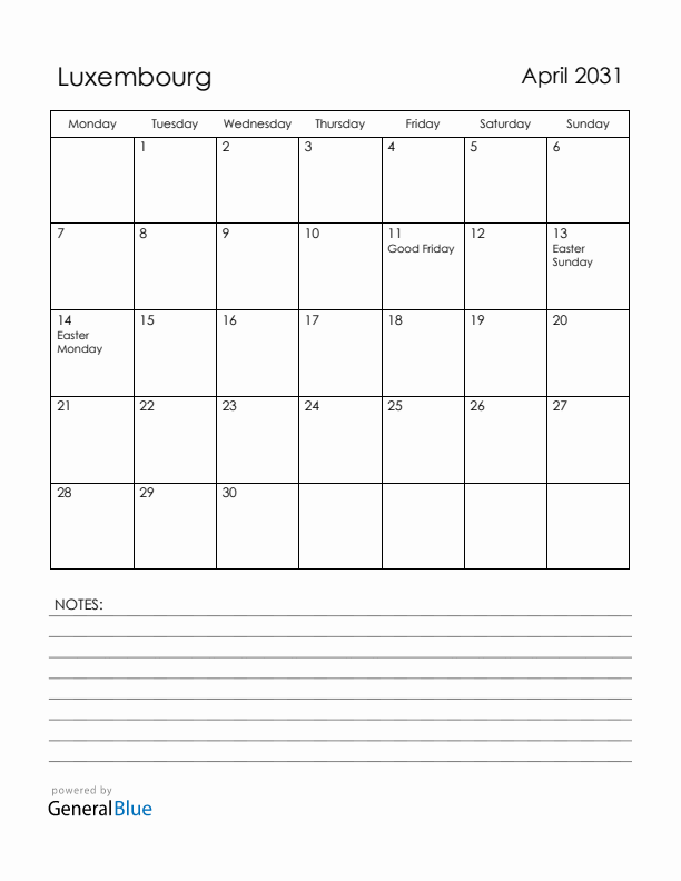 April 2031 Luxembourg Calendar with Holidays (Monday Start)