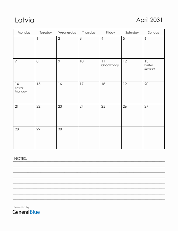April 2031 Latvia Calendar with Holidays (Monday Start)