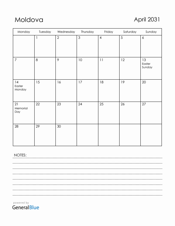 April 2031 Moldova Calendar with Holidays (Monday Start)