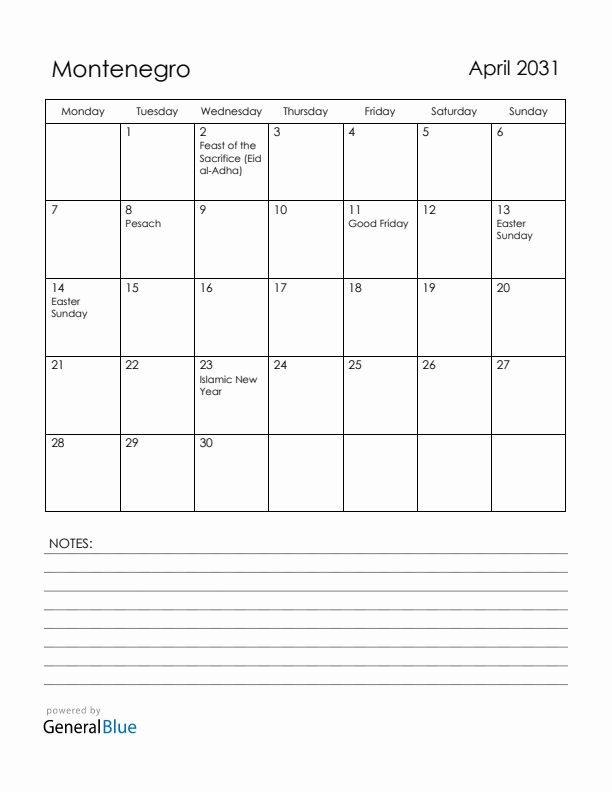 April 2031 Montenegro Calendar with Holidays (Monday Start)