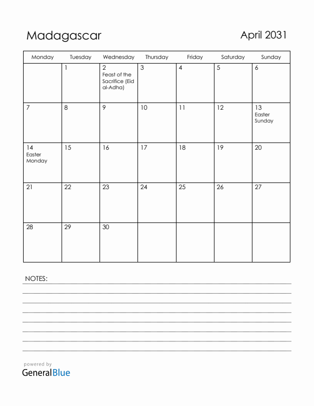 April 2031 Madagascar Calendar with Holidays (Monday Start)