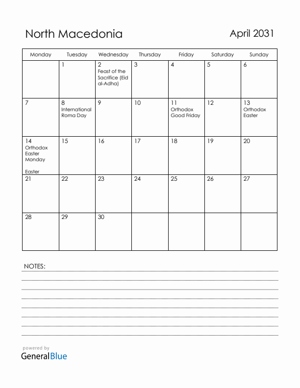 April 2031 North Macedonia Calendar with Holidays (Monday Start)