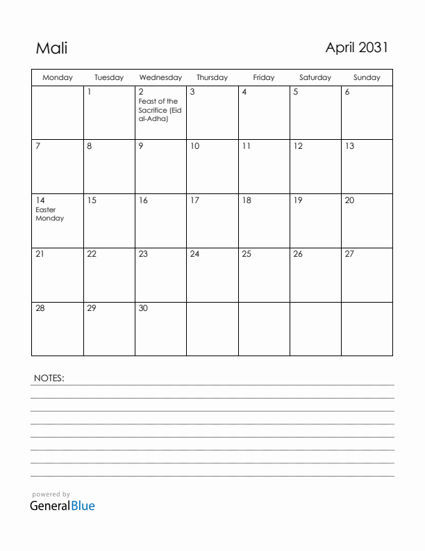April 2031 Mali Calendar with Holidays (Monday Start)