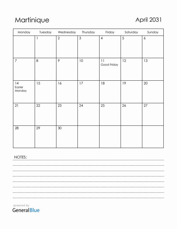 April 2031 Martinique Calendar with Holidays (Monday Start)