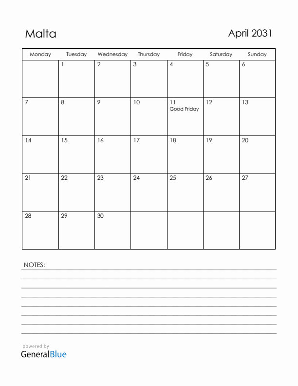 April 2031 Malta Calendar with Holidays (Monday Start)