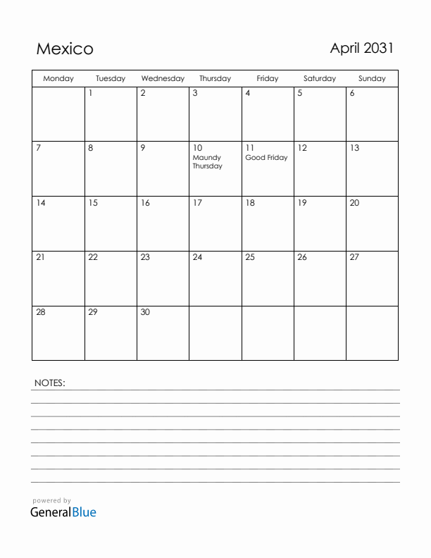 April 2031 Mexico Calendar with Holidays (Monday Start)