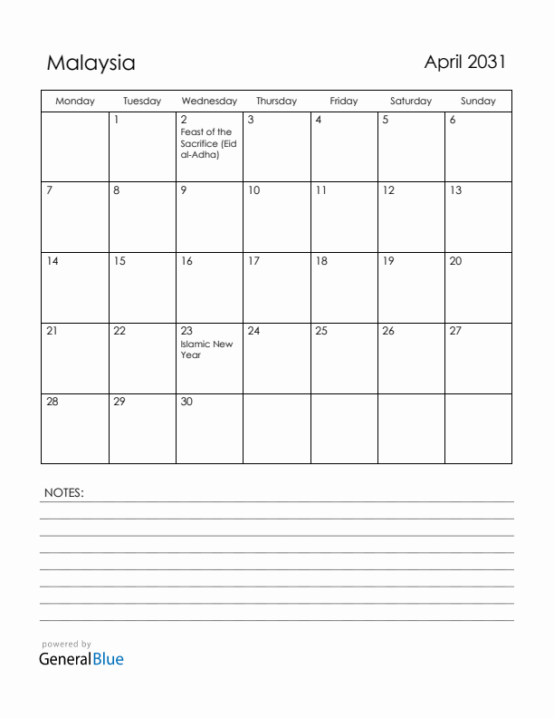April 2031 Malaysia Calendar with Holidays (Monday Start)