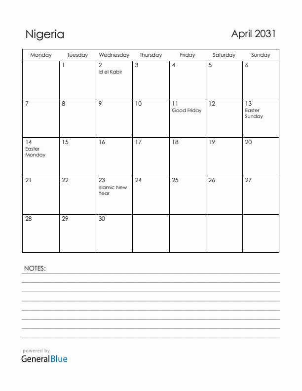 April 2031 Nigeria Calendar with Holidays (Monday Start)