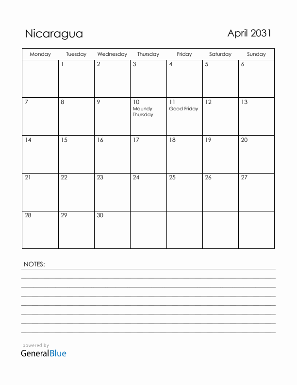 April 2031 Nicaragua Calendar with Holidays (Monday Start)