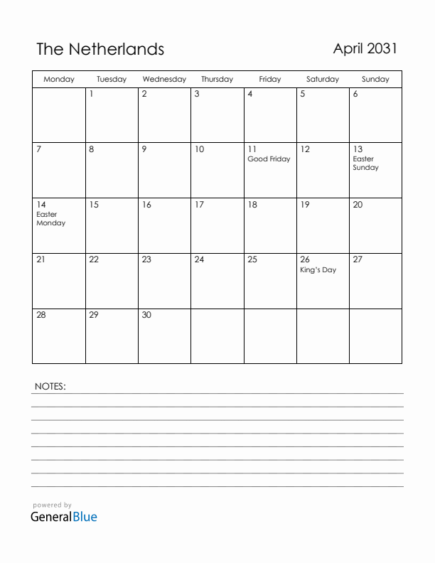 April 2031 The Netherlands Calendar with Holidays (Monday Start)