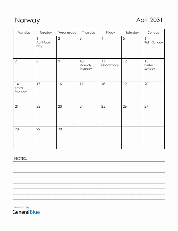 April 2031 Norway Calendar with Holidays (Monday Start)