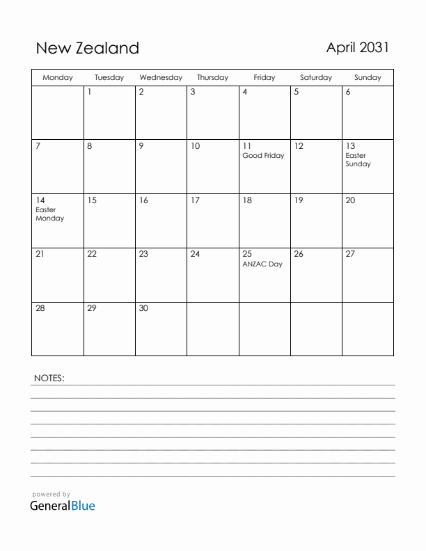 April 2031 New Zealand Calendar with Holidays (Monday Start)