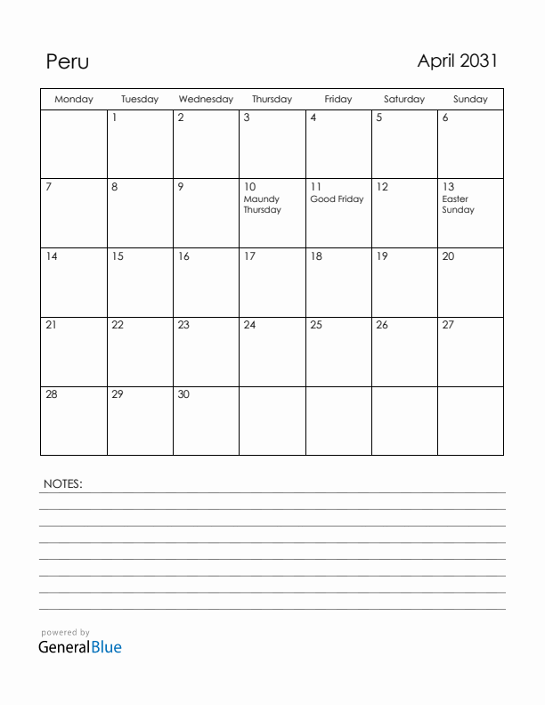 April 2031 Peru Calendar with Holidays (Monday Start)