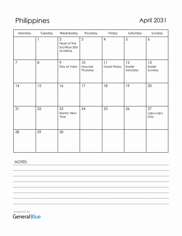 April 2031 Philippines Calendar with Holidays (Monday Start)